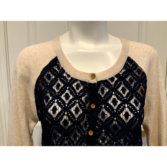 Camellia Tan & Navy Blue Button-Up Cardigan W/ Floral Lace, Size Medium, NWT! - Picture 2 of 9